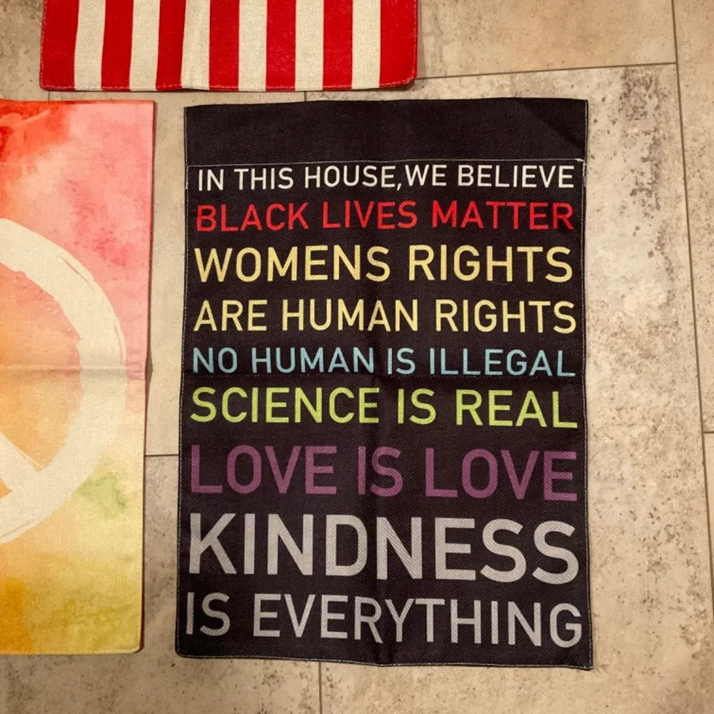 Lot of 3 Hanging Banner Flags Peace Sign American Flag Kindness Equal Rights