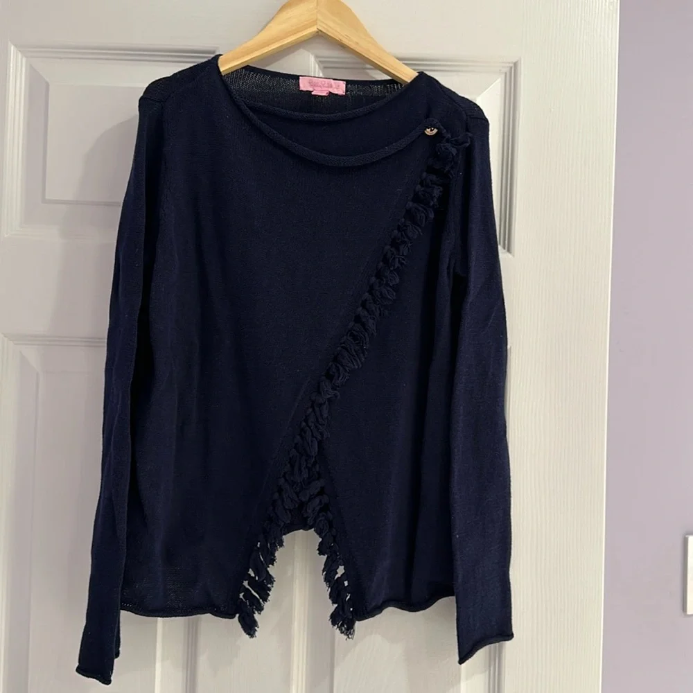 Lilly Pulitzer Girls Navy Fringe Sweater - size XL (12-14)