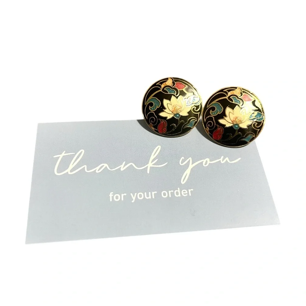Black Floral Cloisonné Round Stud Earrings with Gold Accents