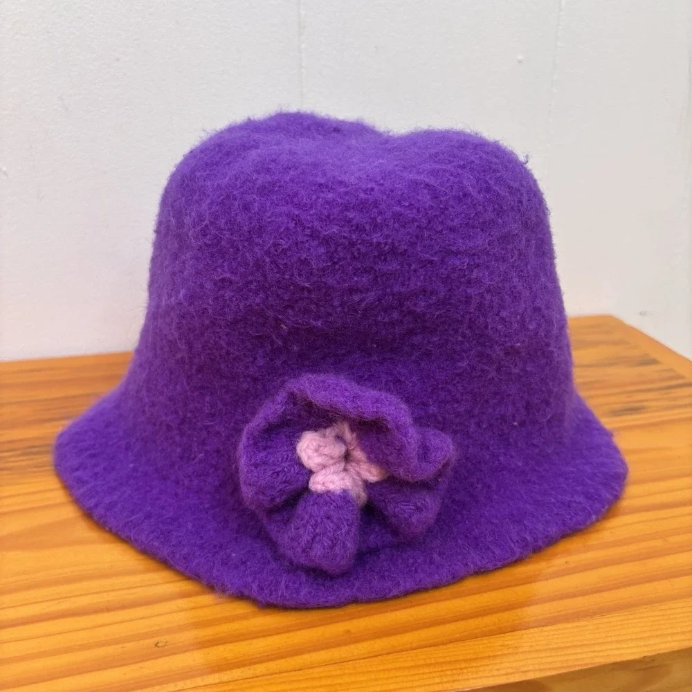 Handmade Y2K‎ Girls Purple Pink Wool Felted Cloche Hat 4-6 Years Flower Accent
