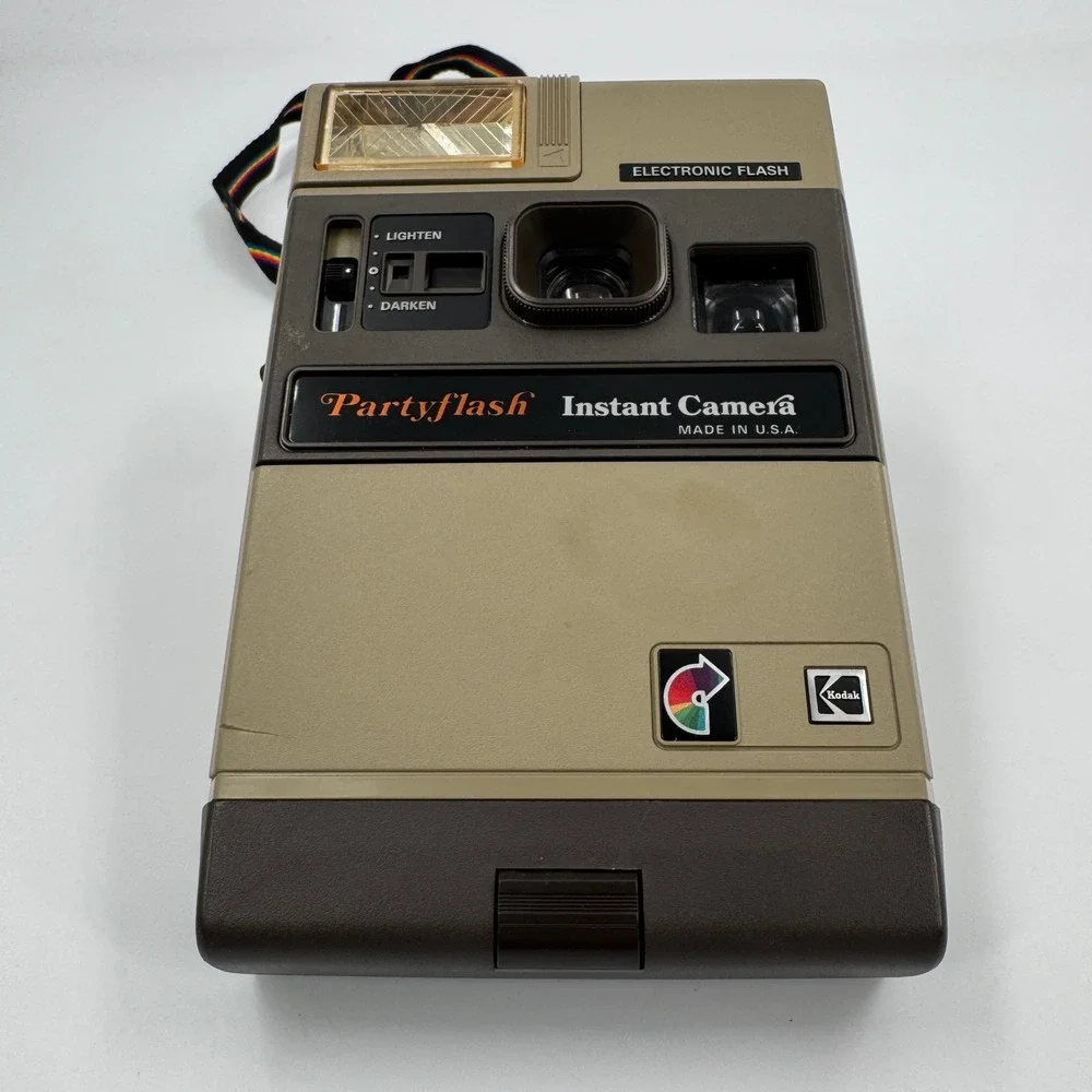 Kodak Partyflash Instant Camera Vintage Tan Brown Made in USA Electronic Flash