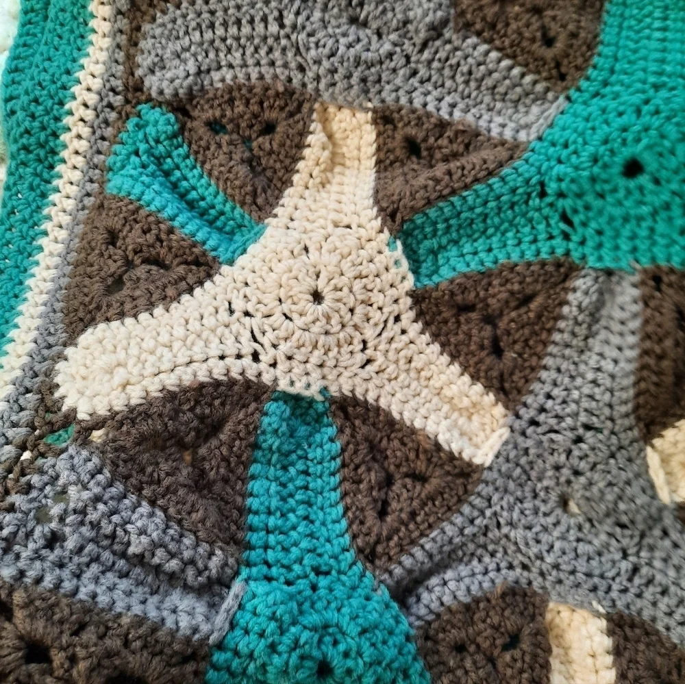 Handmade Crochet in Blue Green, Gray, and Cream 42x36 Throw