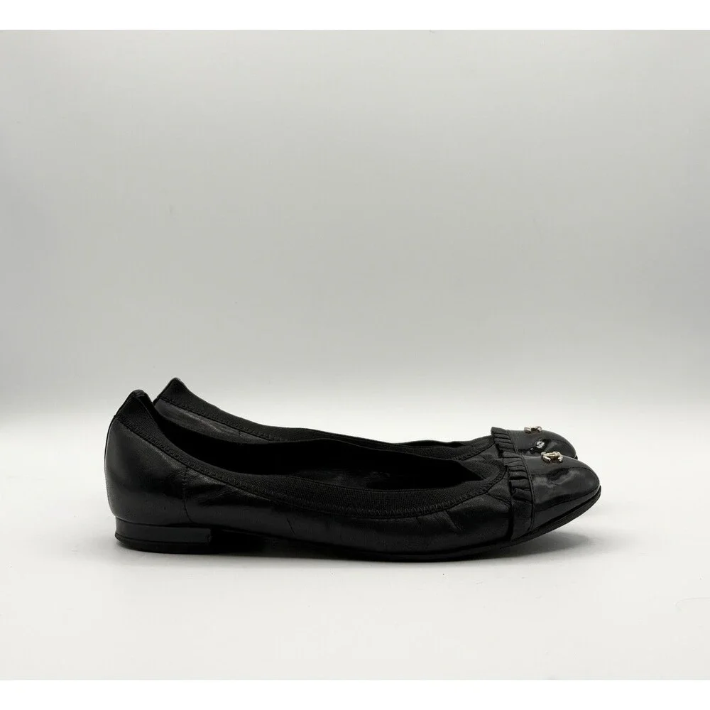 Chanel Black Ballet Flats Patent Leather Cap Toe CC Logo Ruffle Accent EU 35.5