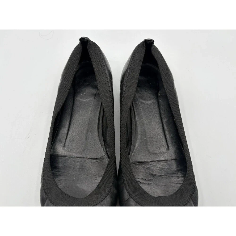 Chanel Black Ballet Flats Patent Leather Cap Toe CC Logo Ruffle Accent EU 35.5