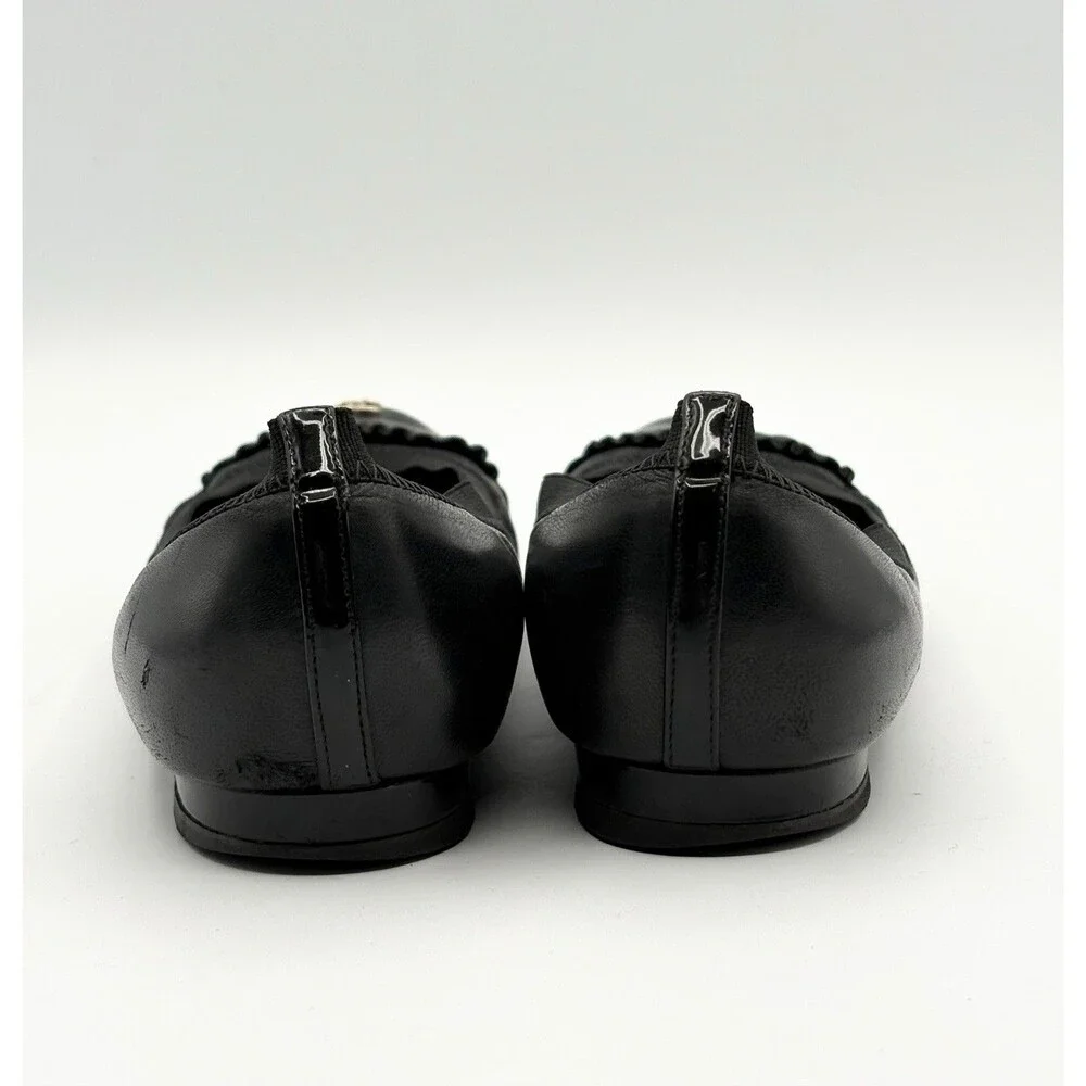 Chanel Black Ballet Flats Patent Leather Cap Toe CC Logo Ruffle Accent EU 35.5