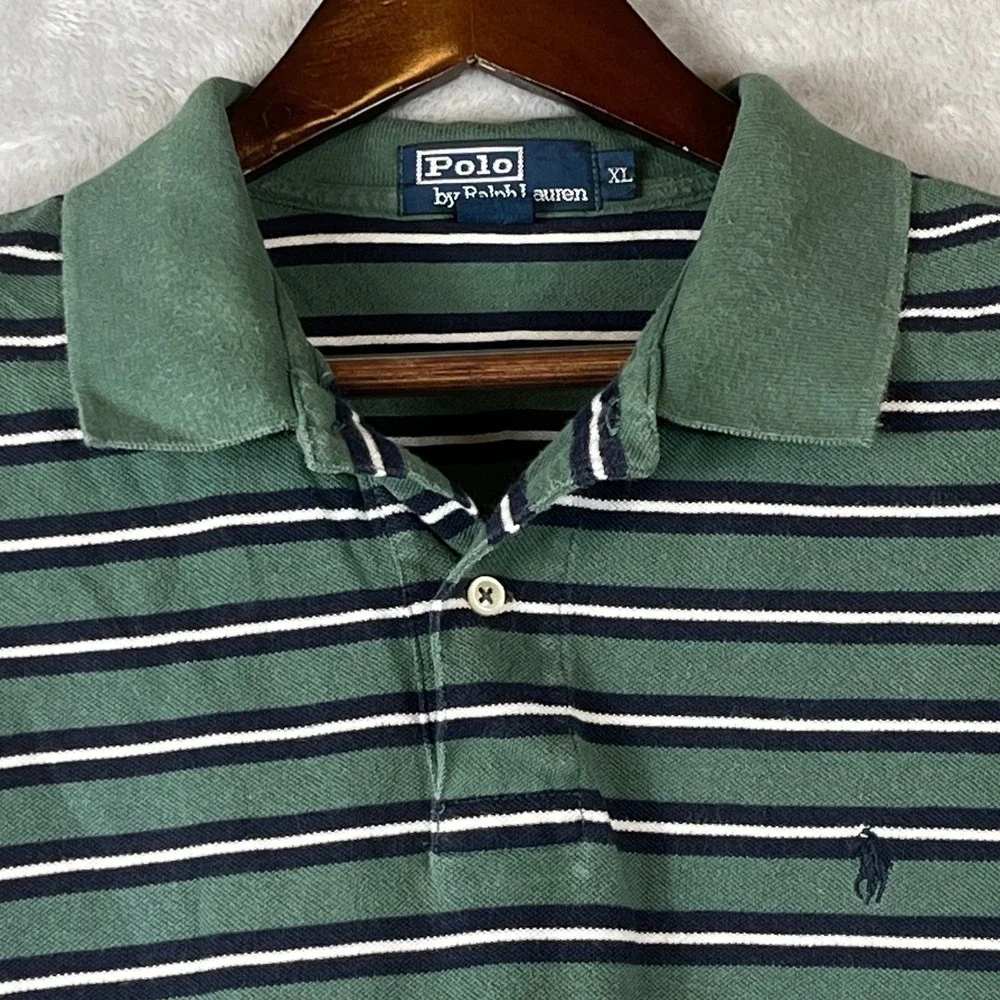 VTG Polo Ralph Lauren Mens XL Green Navy Stripe Mesh Polo Shirt Preppy Golf 90s