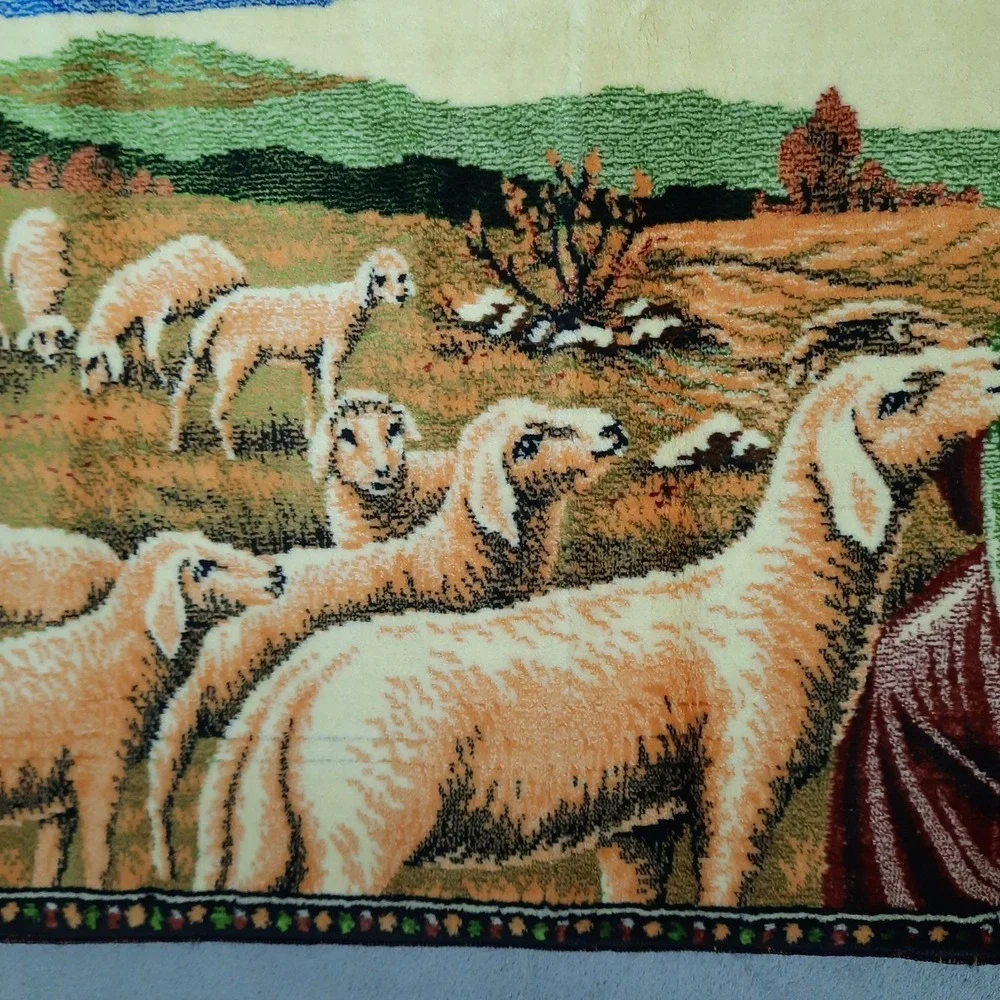 Vintage Jesus The Good Shepherd and Sheep Velvet Tapestry Wall Hanging Religious