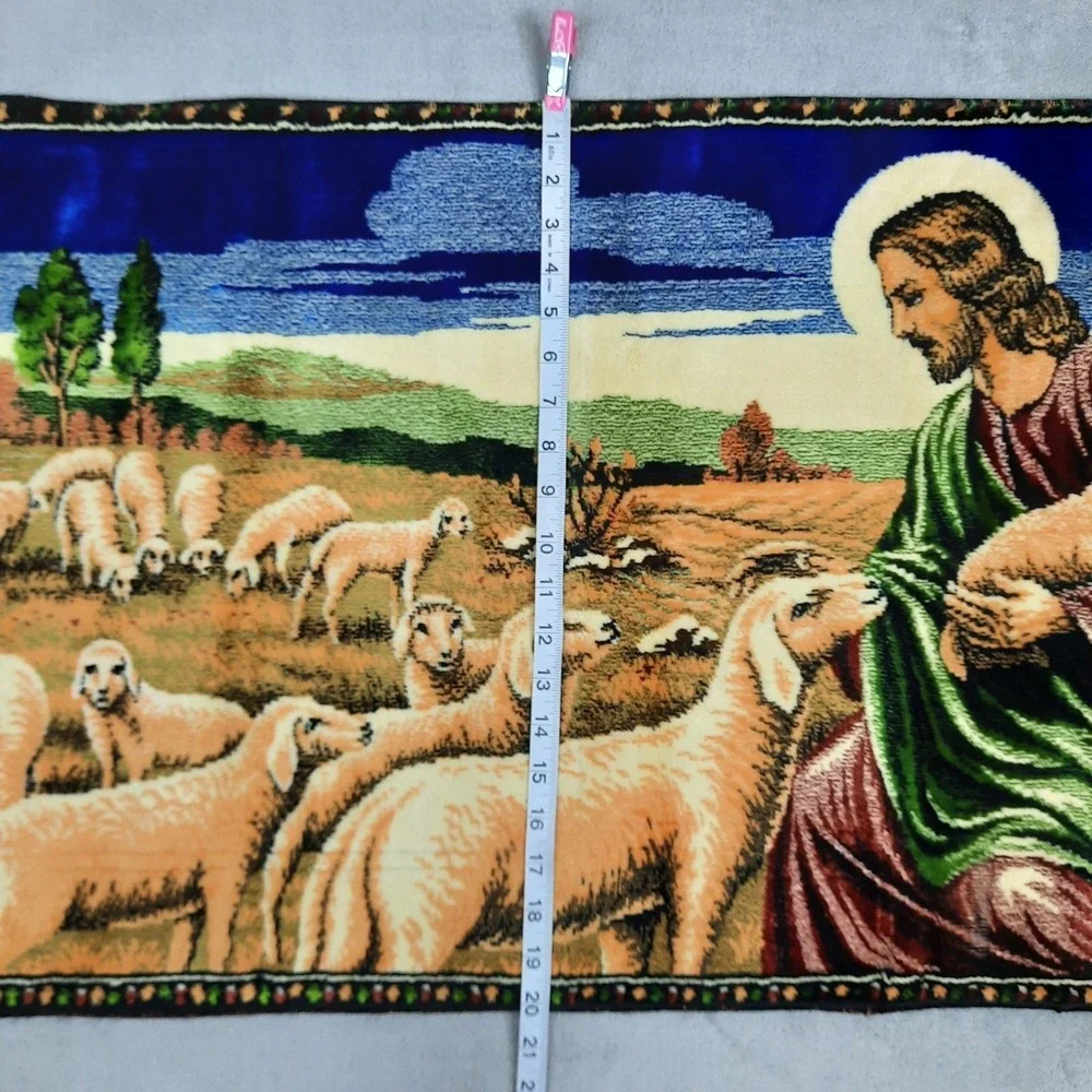 Vintage Jesus The Good Shepherd and Sheep Velvet Tapestry Wall Hanging Religious