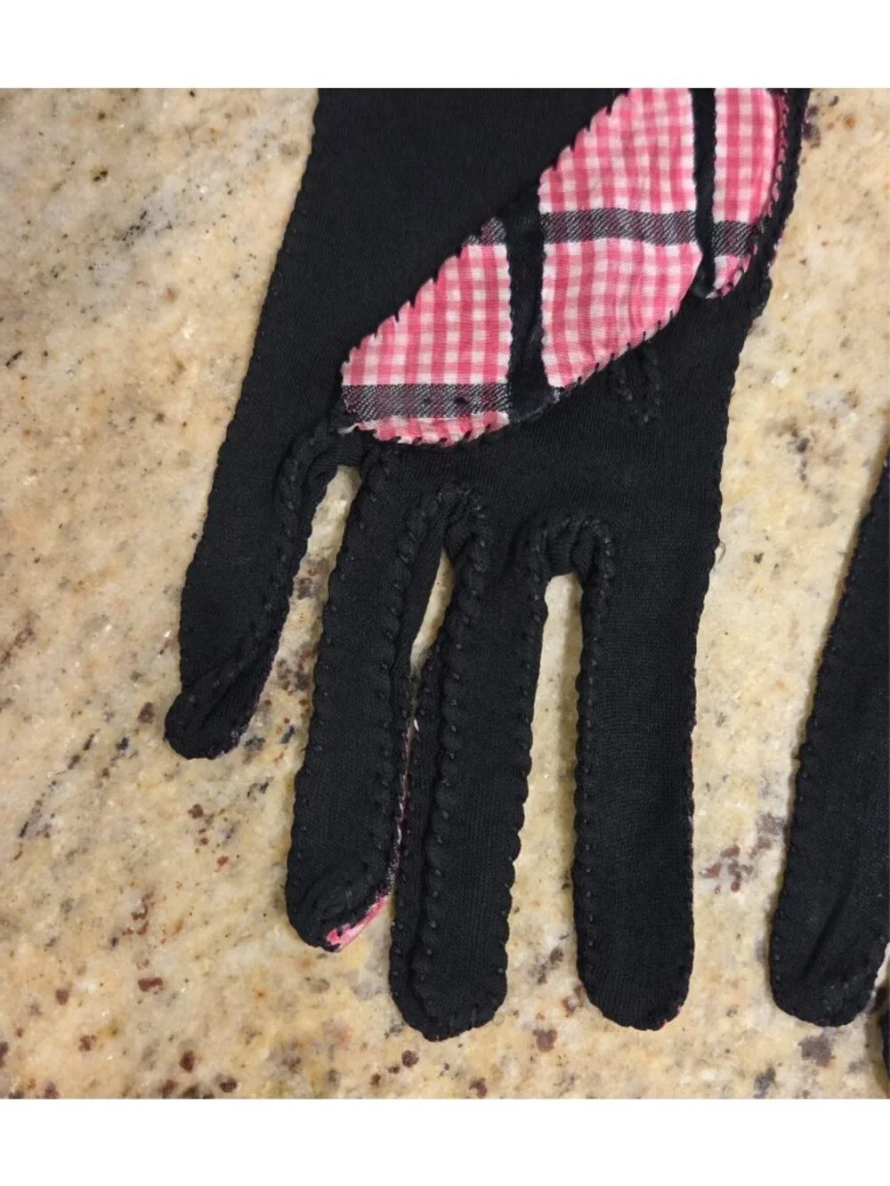 Vintage Womens Size L Pink Black Plaid Stretch Gloves Stretch *Hole Pinup