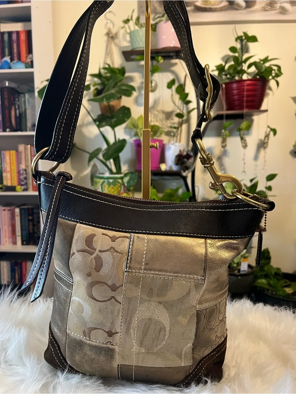 Coach Patchwork Signature Shoulder Bag - Gold and Brown