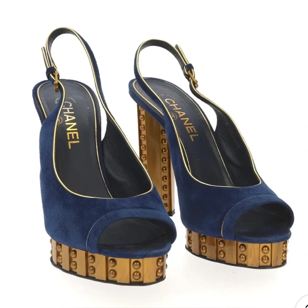 Authentic blue suede CHANEL Blue and Gold Studded Slingback Heels EUC