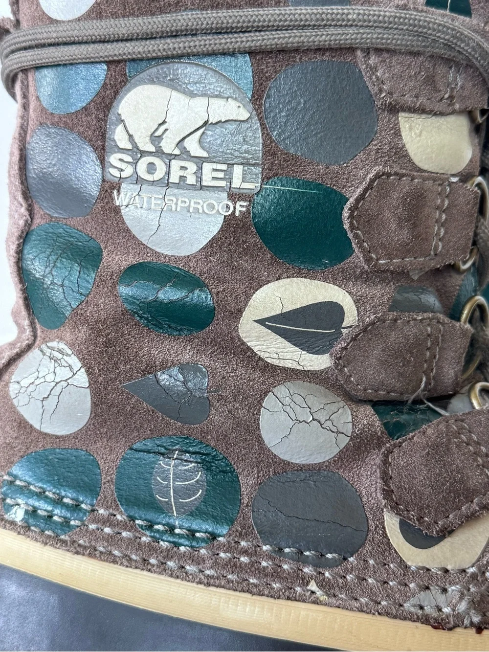 SOREL Graphic Brown Green Waterproof Rubber Winter Boot Polka Dot Women’s Size 9