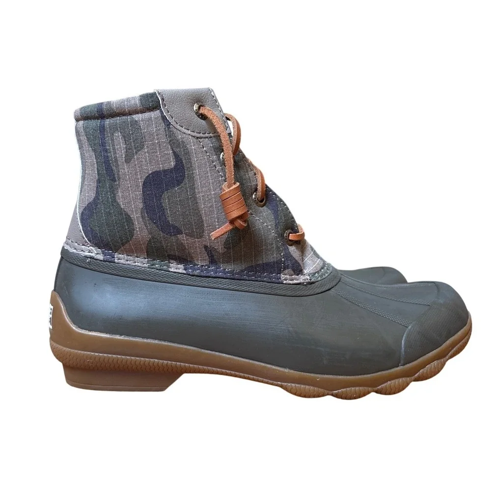 Sperry Saltwater Duck Boots Women Green Camo Waterproof‎ Ankle STS86761 SIZE 7.5