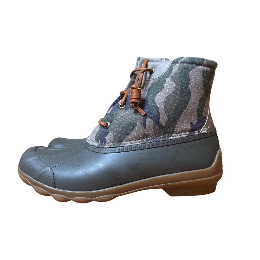 Sperry Saltwater Duck Boots Women Green Camo Waterproof‎ Ankle STS86761 SIZE 7.5