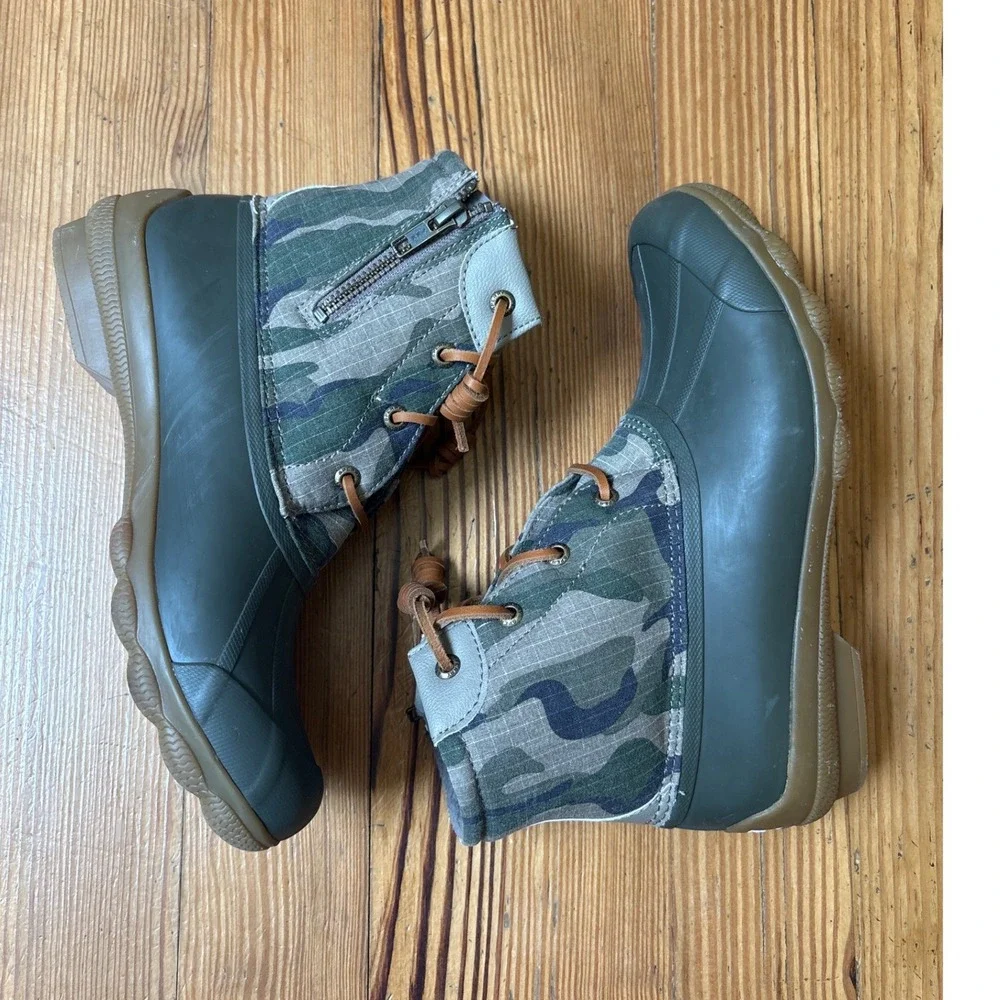 Sperry Saltwater Duck Boots Women Green Camo Waterproof‎ Ankle STS86761 SIZE 7.5