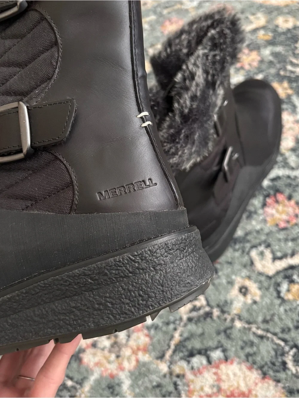 Merrell Tremblant Ezra Leather Side Zip Buckle Faux Fur Winter Boots Black Sz 8