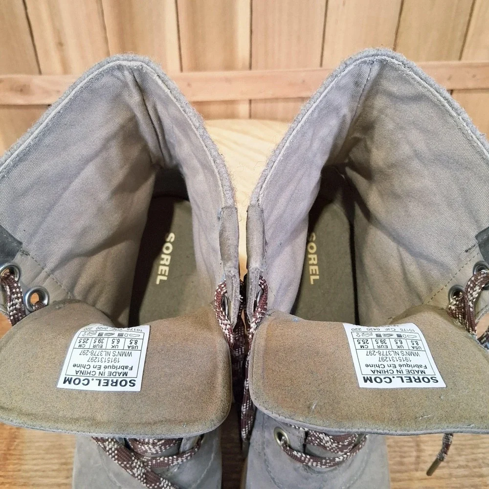 Sorel Lexie Wedge Boots Womens 8.5 Gray Leather‎ Ankle Lace Up Winter Waterproof