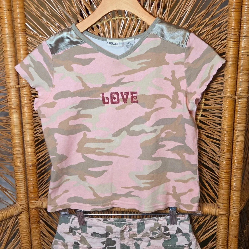 VTG Y2K Cherokee Girl Large Short‎ Sleeve T Shirt Pink Camo Love Satin Trim