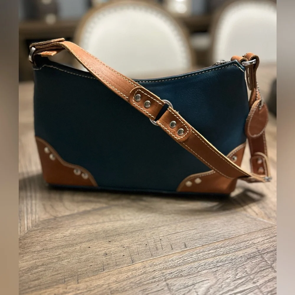 American West 100% Leather Dk Turquoise/Tan Shoulder Bag Zip Closure