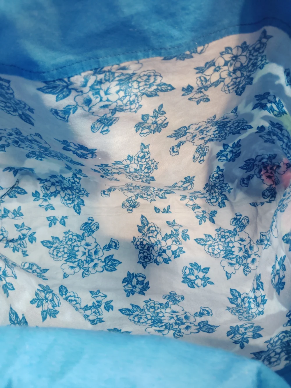 Floral Canvas Tote Bag with Blue Trim and Green Handles