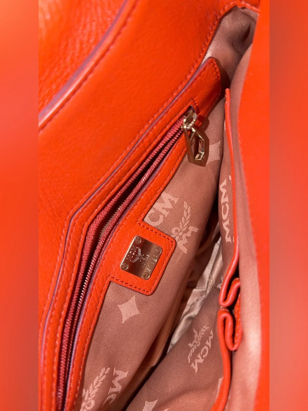 MCM Orange Pebbled Leather Shoulder Bag with Gold Logo