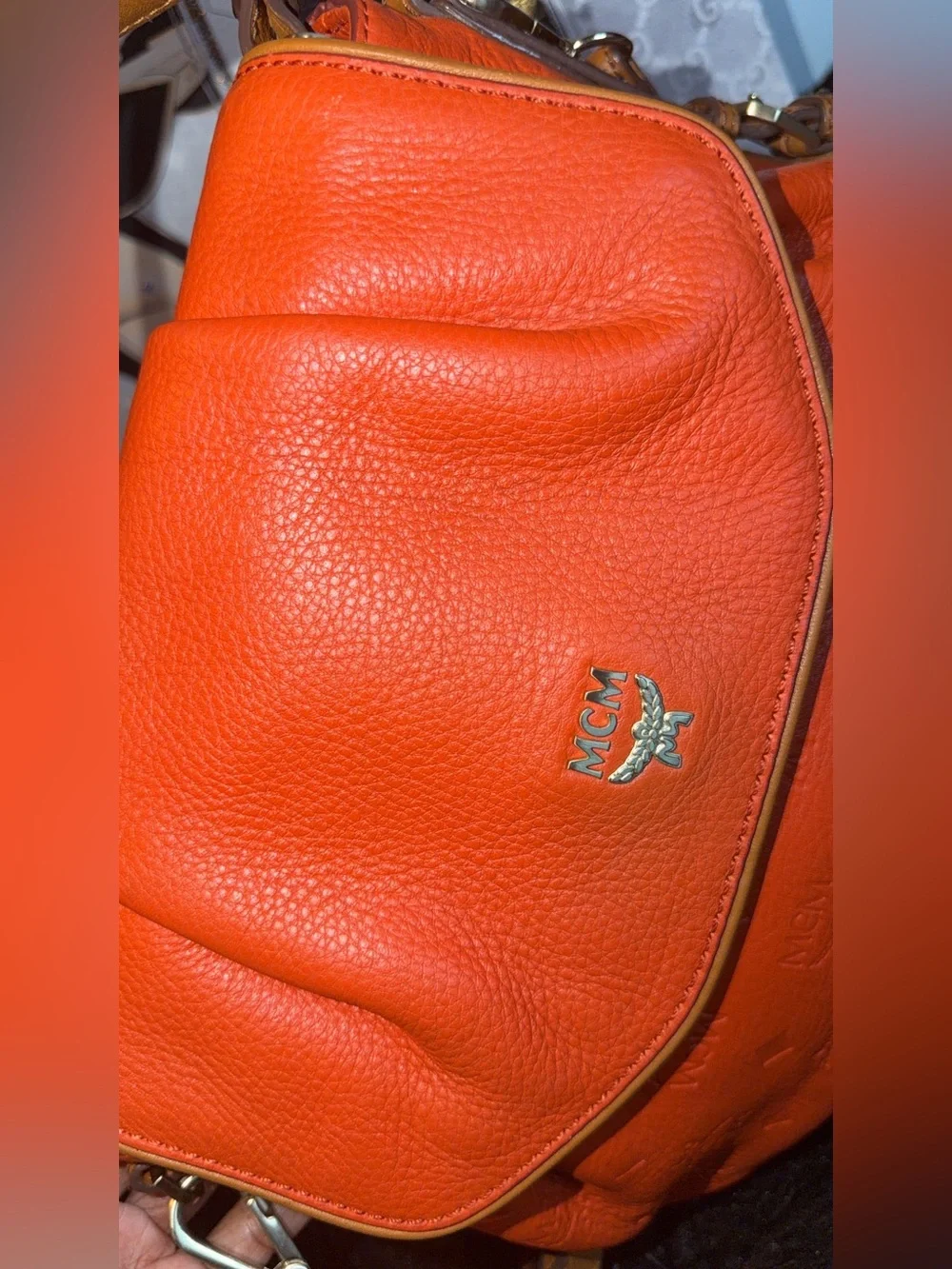 MCM Orange Pebbled Leather Shoulder Bag with Gold Logo