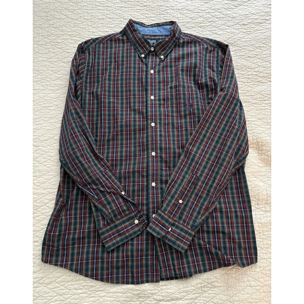Chaps Easy Care Plaid Woven Button-Up Long Sleeve Shirt Men's XL Multicolor
