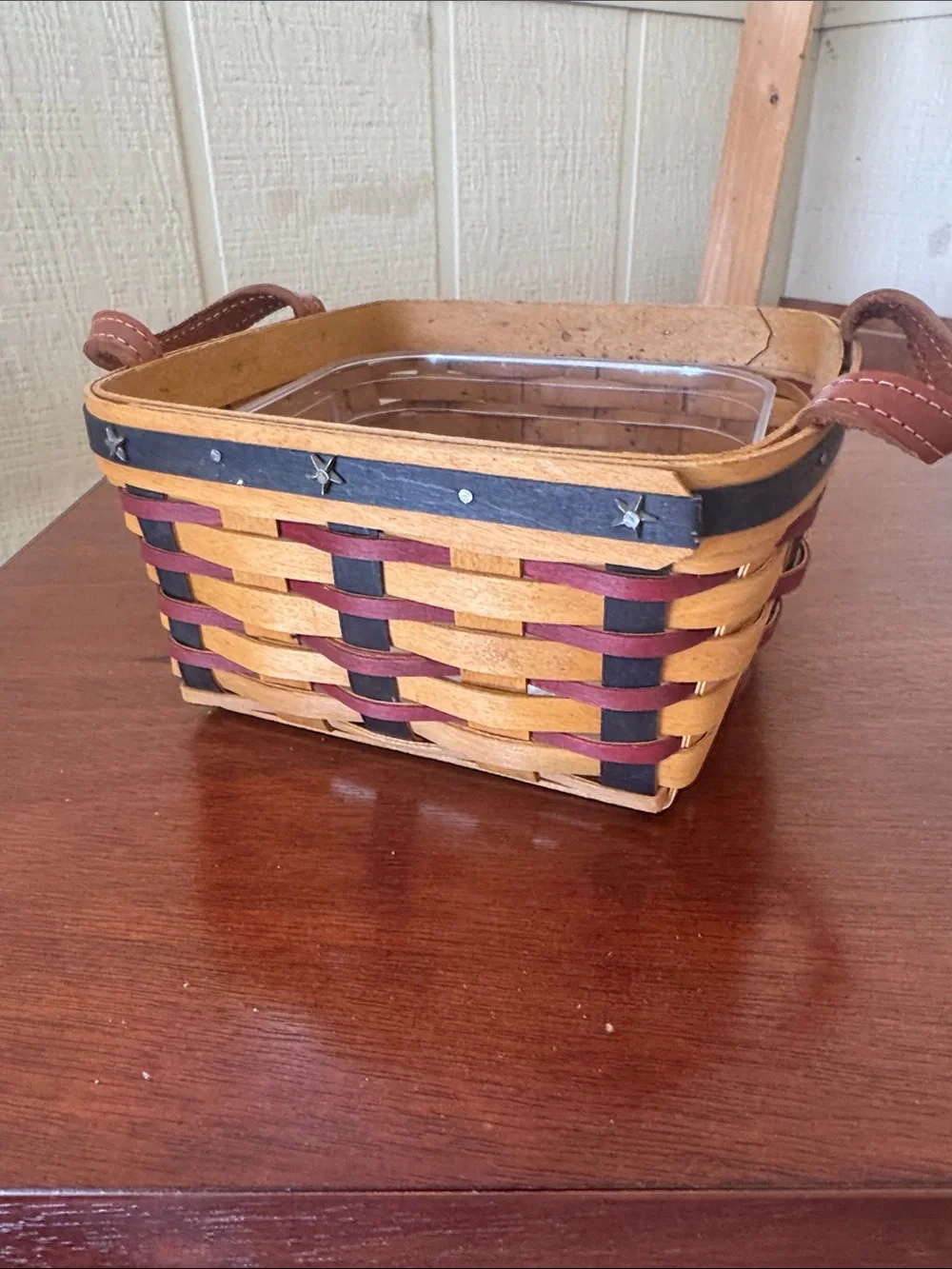 Longaberger Natural, Burgundy and Black Woven Basket with Leather Handles