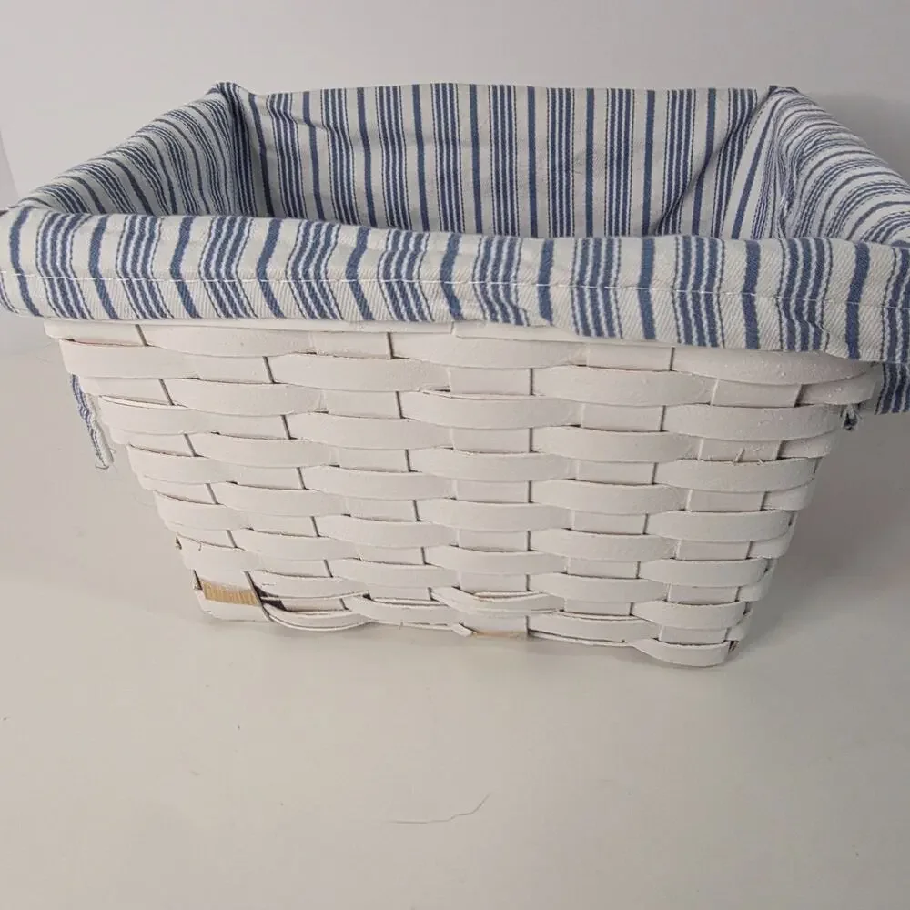 White Woven Storage Basket Blue White Stripe Fabric Liner Farmhouse Organizer