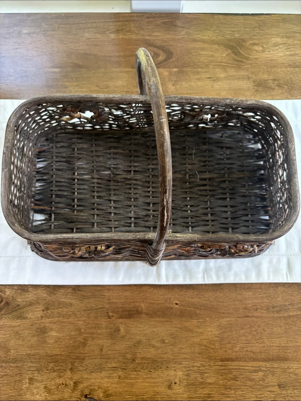 Vintage Woven Wicker Basket with Heart Cutouts 17”x9.5” Cottagecore