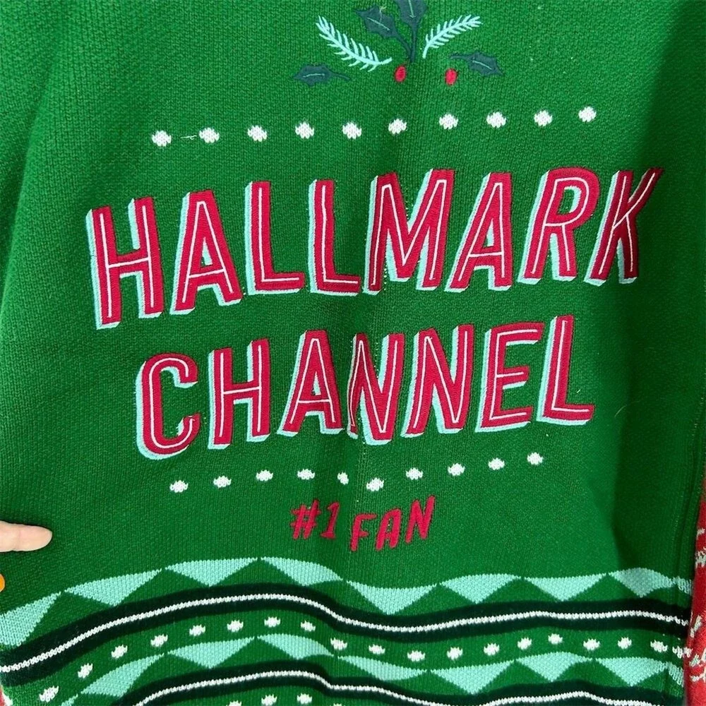 Hallmark Channel Sweater Unisex Large Green Red #1 Fan Christmas Ugly Holiday