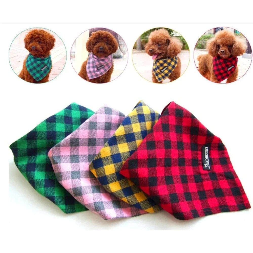 Plaid Dog Cats‎ Bandanas,4PC Soft Washable Cotton Triangle Bib Kerchief Small