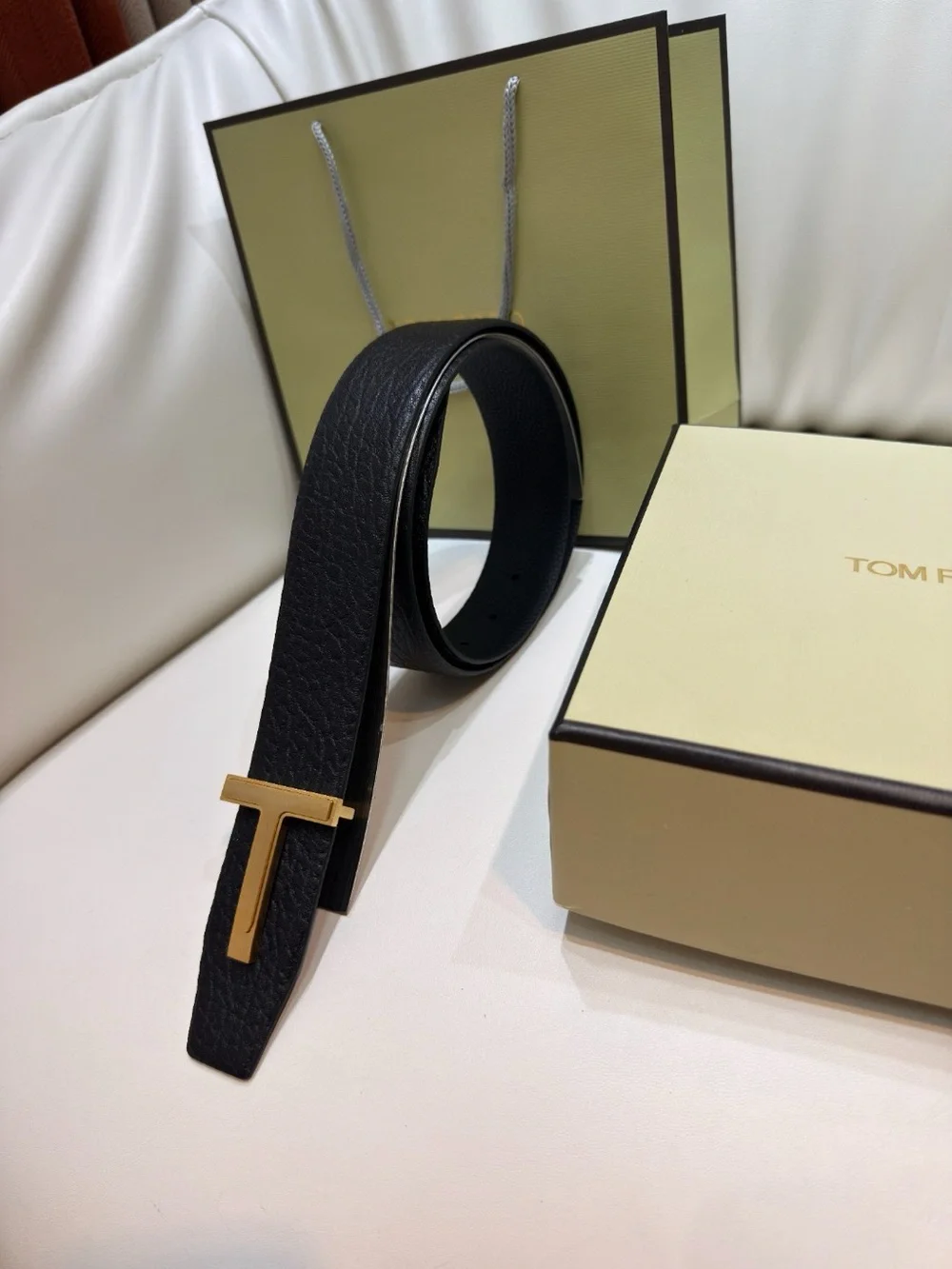 Tom Ford Black Leather Belt with Gold T Buckle