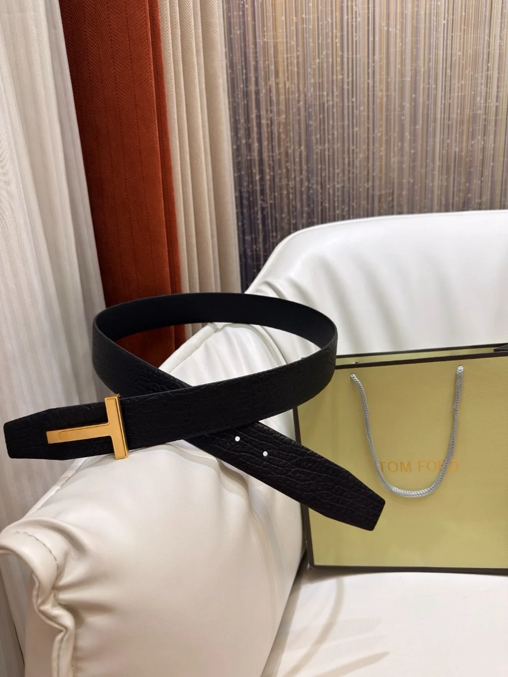 Tom Ford Black Leather Belt with Gold T Buckle