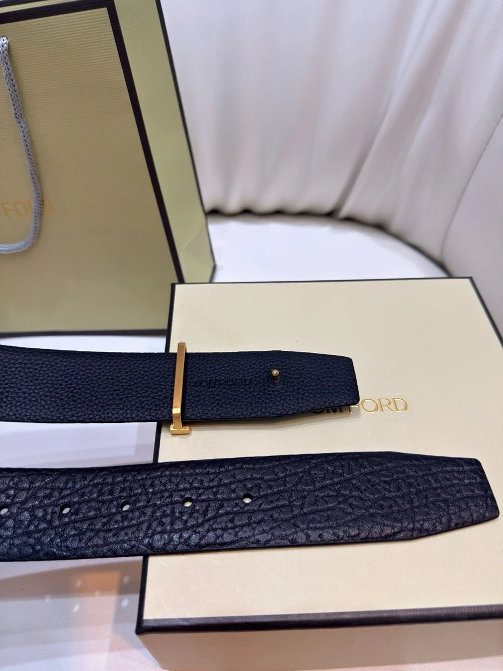 Tom Ford Black Leather Belt with Gold T Buckle