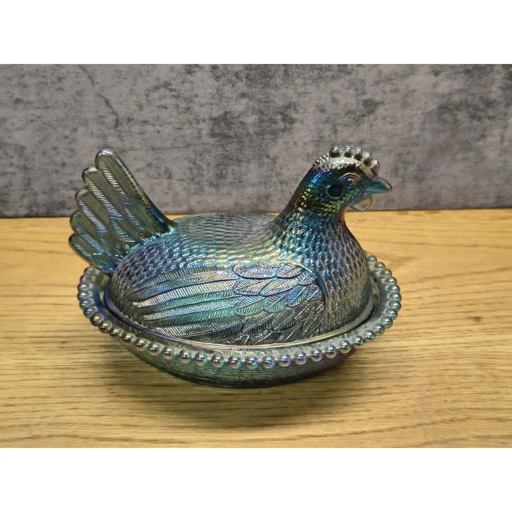 VTG Indiana Glass Iridescent Carnival Blue Hen on‎ Nest Covered Candy Dish 7