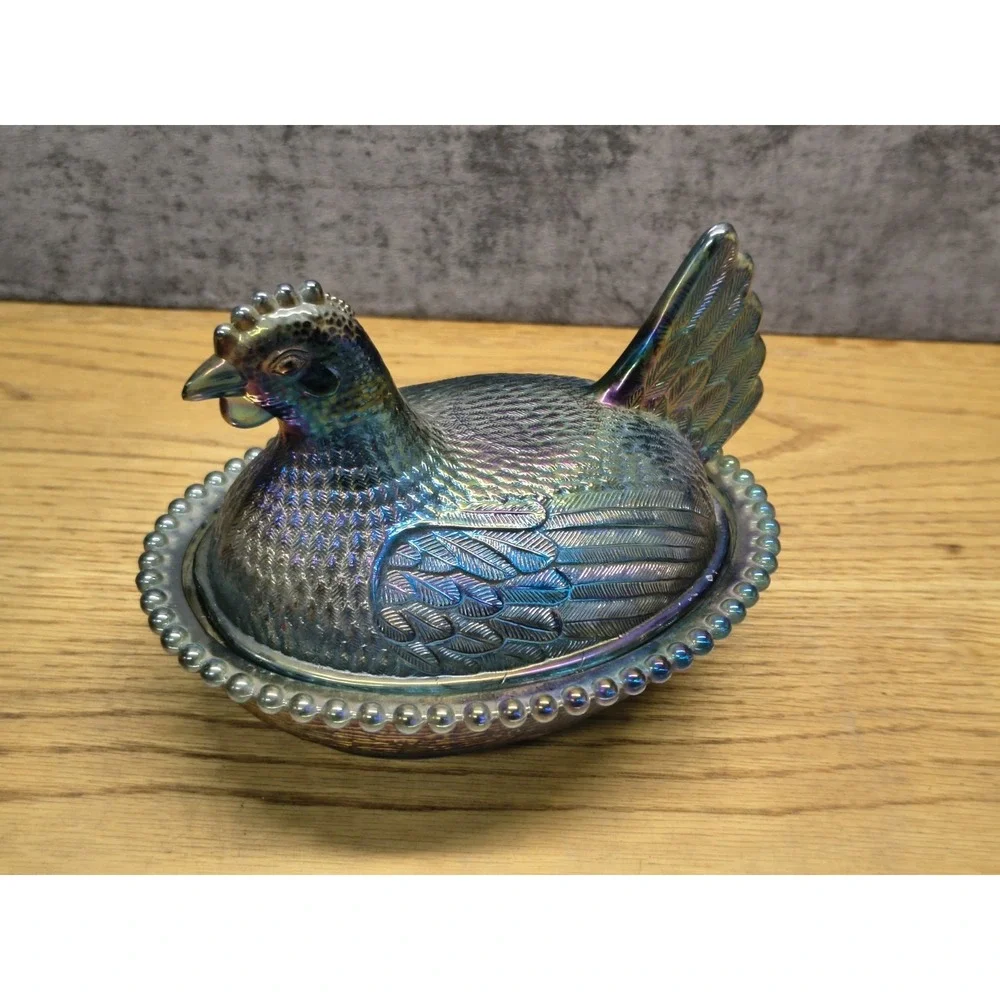 VTG Indiana Glass Iridescent Carnival Blue Hen on‎ Nest Covered Candy Dish 7