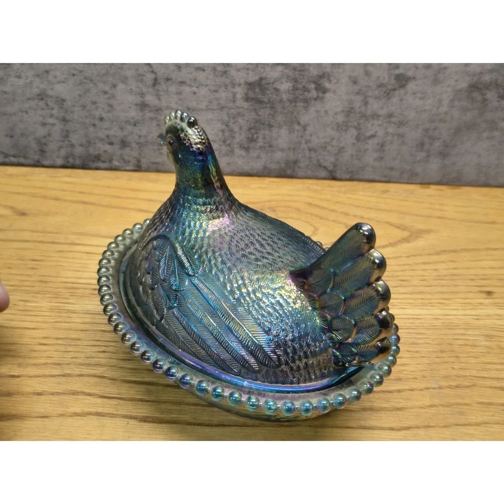 VTG Indiana Glass Iridescent Carnival Blue Hen on‎ Nest Covered Candy Dish 7