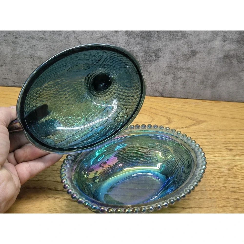 VTG Indiana Glass Iridescent Carnival Blue Hen on‎ Nest Covered Candy Dish 7
