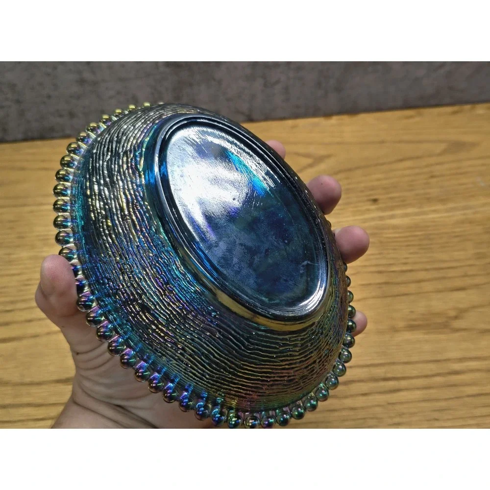 VTG Indiana Glass Iridescent Carnival Blue Hen on‎ Nest Covered Candy Dish 7