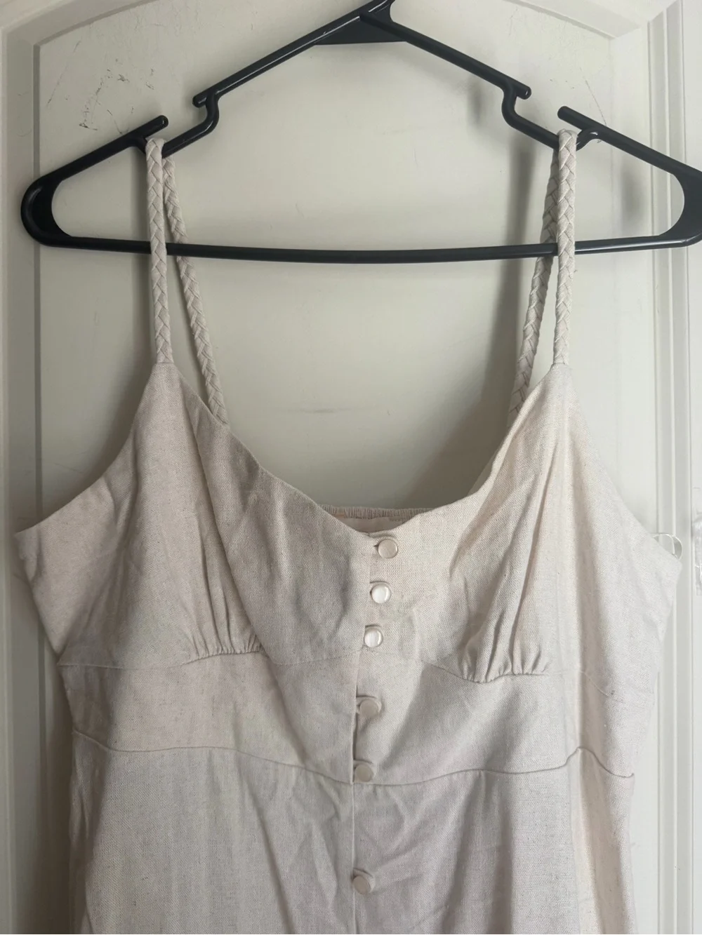 Monteau Los Ángeles linen maxi dress L neutral boho coastal fairy office casual