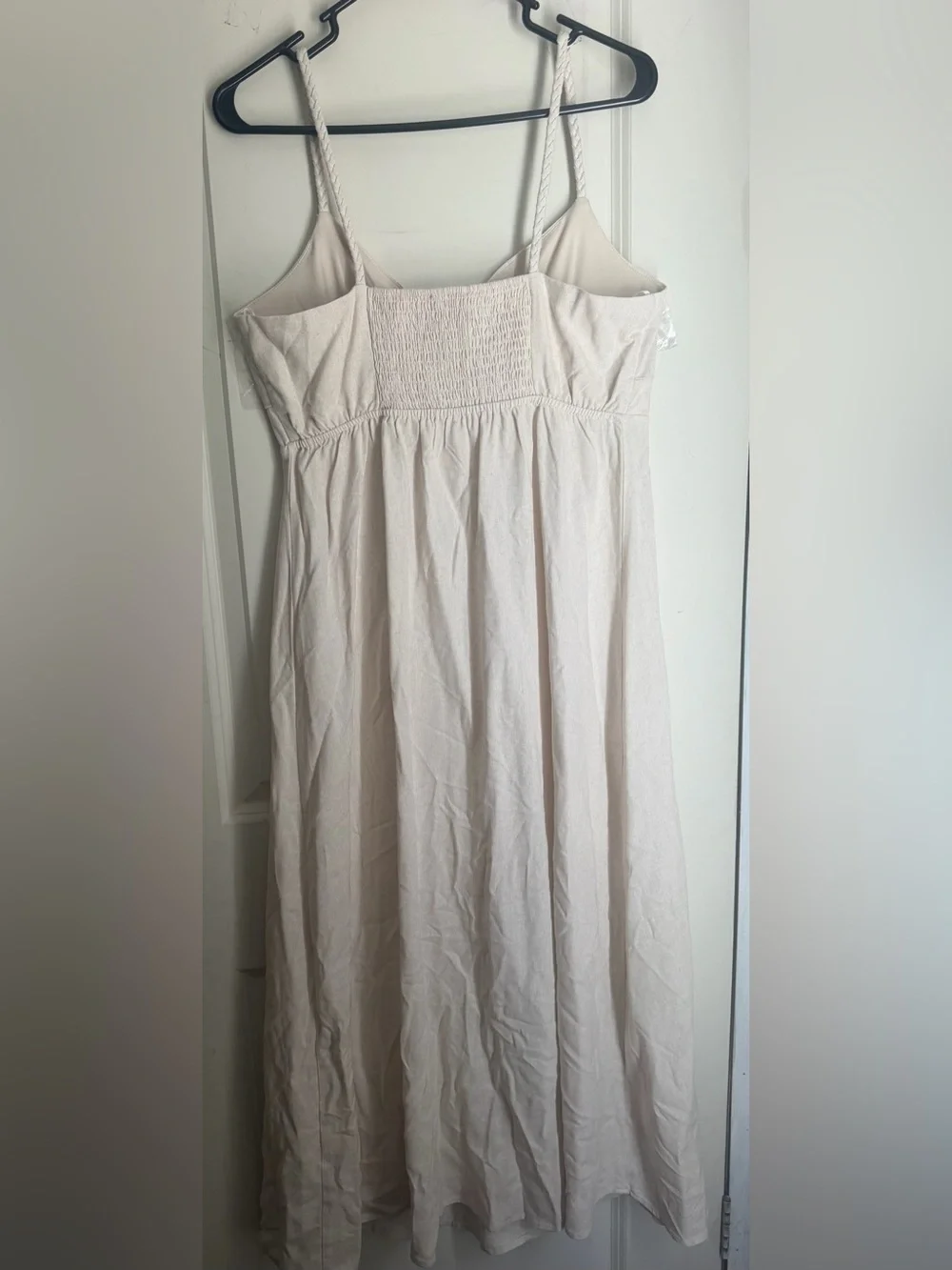 Monteau Los Ángeles linen maxi dress L neutral boho coastal fairy office casual