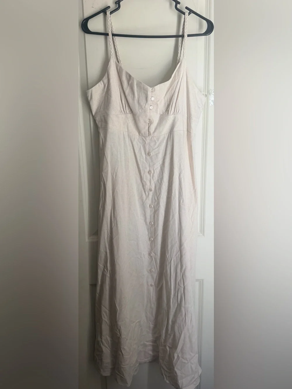 Monteau Los Ángeles linen maxi dress L neutral boho coastal fairy office casual