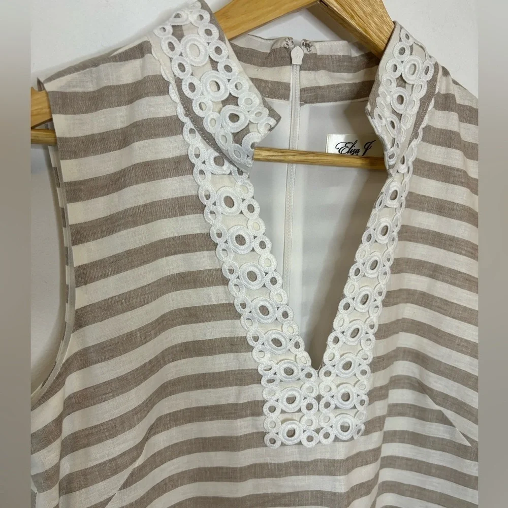 Eliza J Tan And White Striped Linen Shift White Crochet Trim