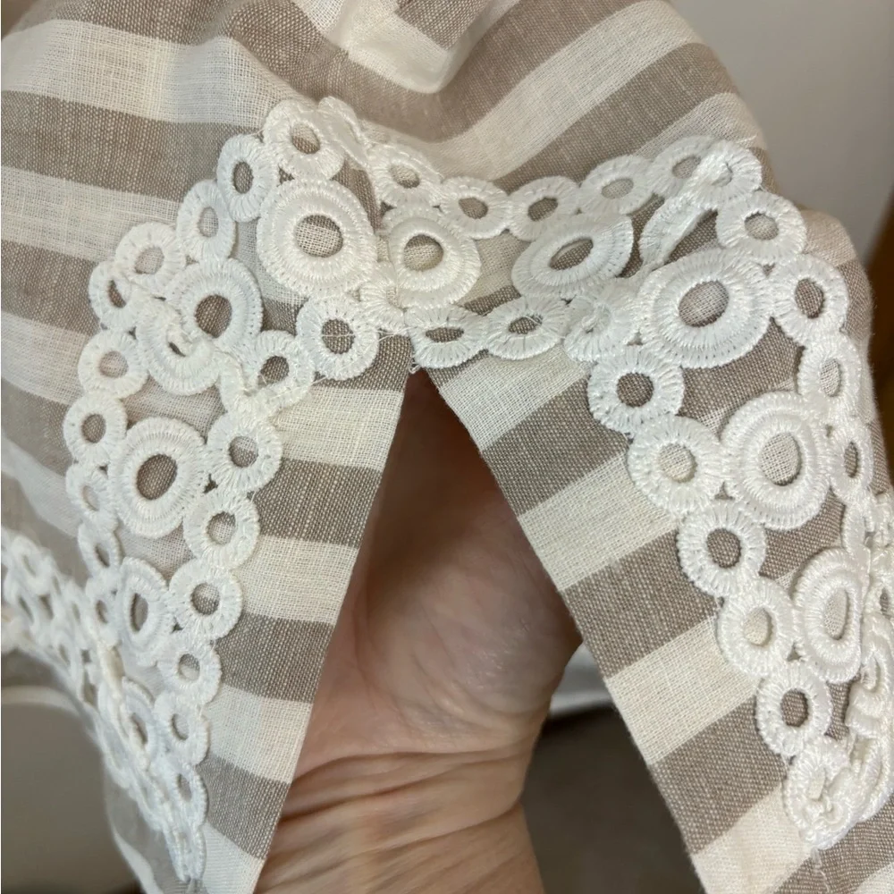 Eliza J Tan And White Striped Linen Shift White Crochet Trim