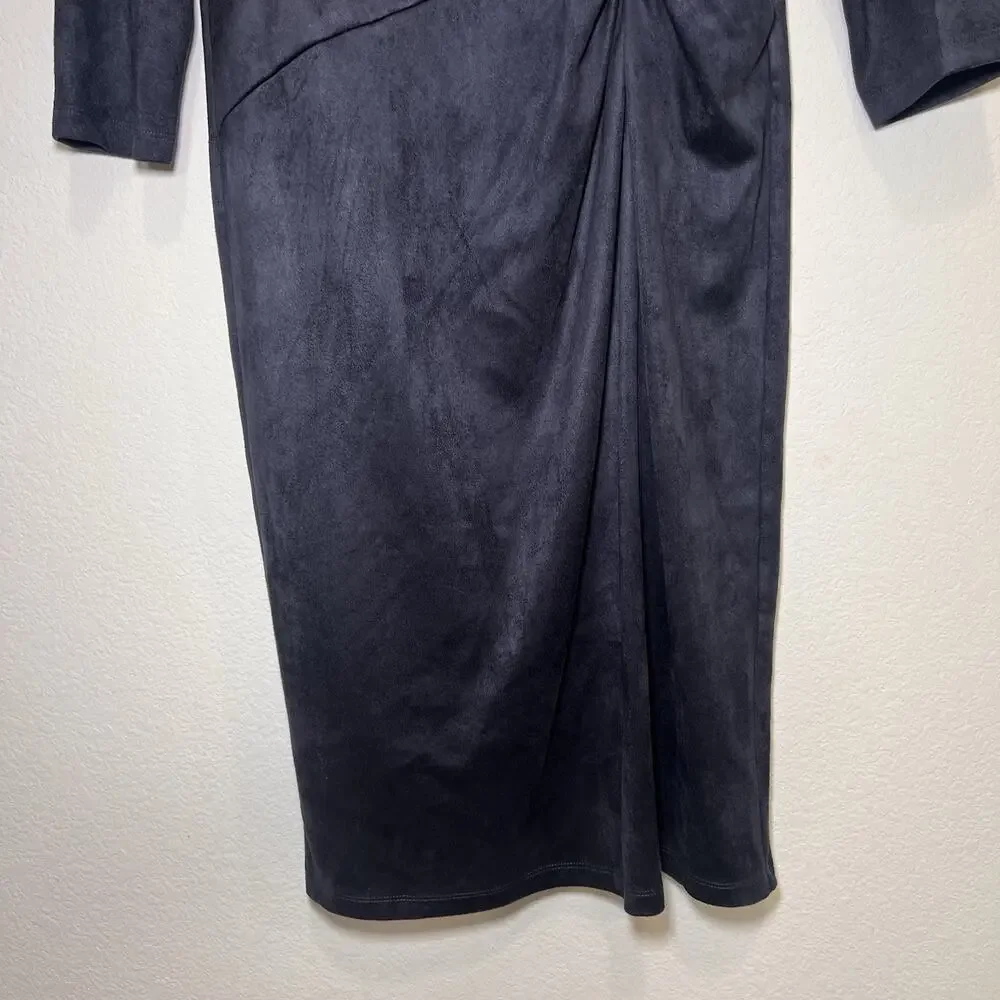 J. McLaughlin Dress Size L Navy Blue Faux Suede 3/4 Sleeves Twist Knot Stretch