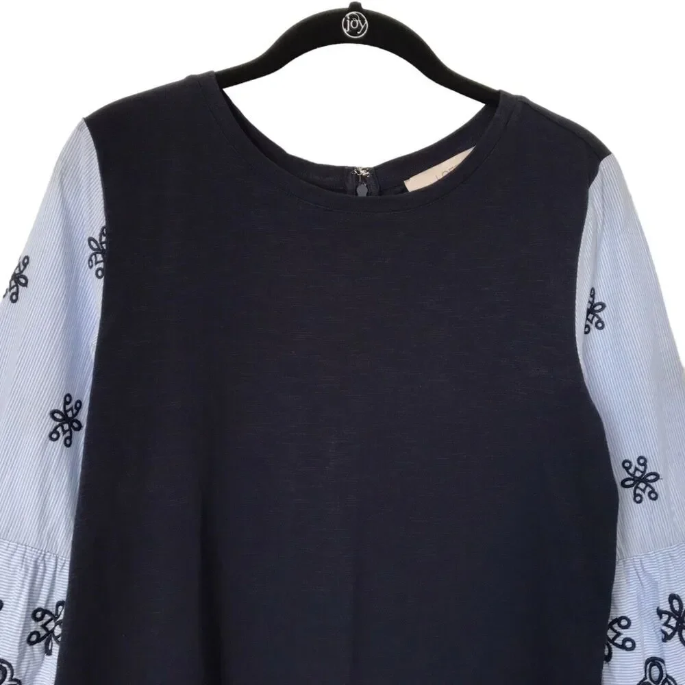 Loft Dress Womens Size S Navy Blue Embroidered Eyelet 3/4 Bell Sleeve Shift Boho