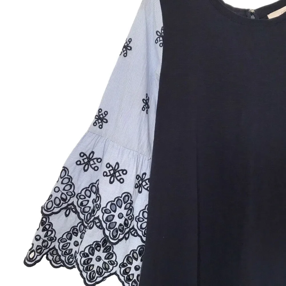 Loft Dress Womens Size S Navy Blue Embroidered Eyelet 3/4 Bell Sleeve Shift Boho