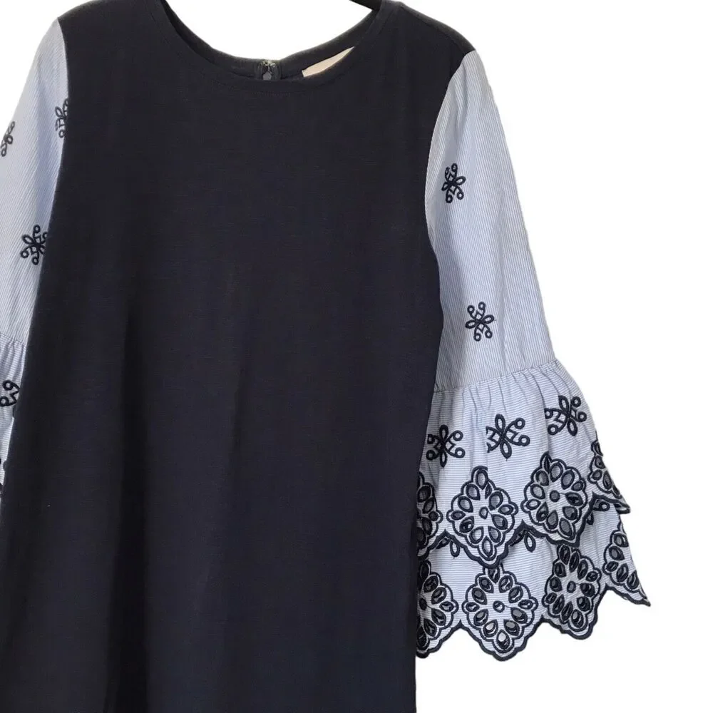 Loft Dress Womens Size S Navy Blue Embroidered Eyelet 3/4 Bell Sleeve Shift Boho