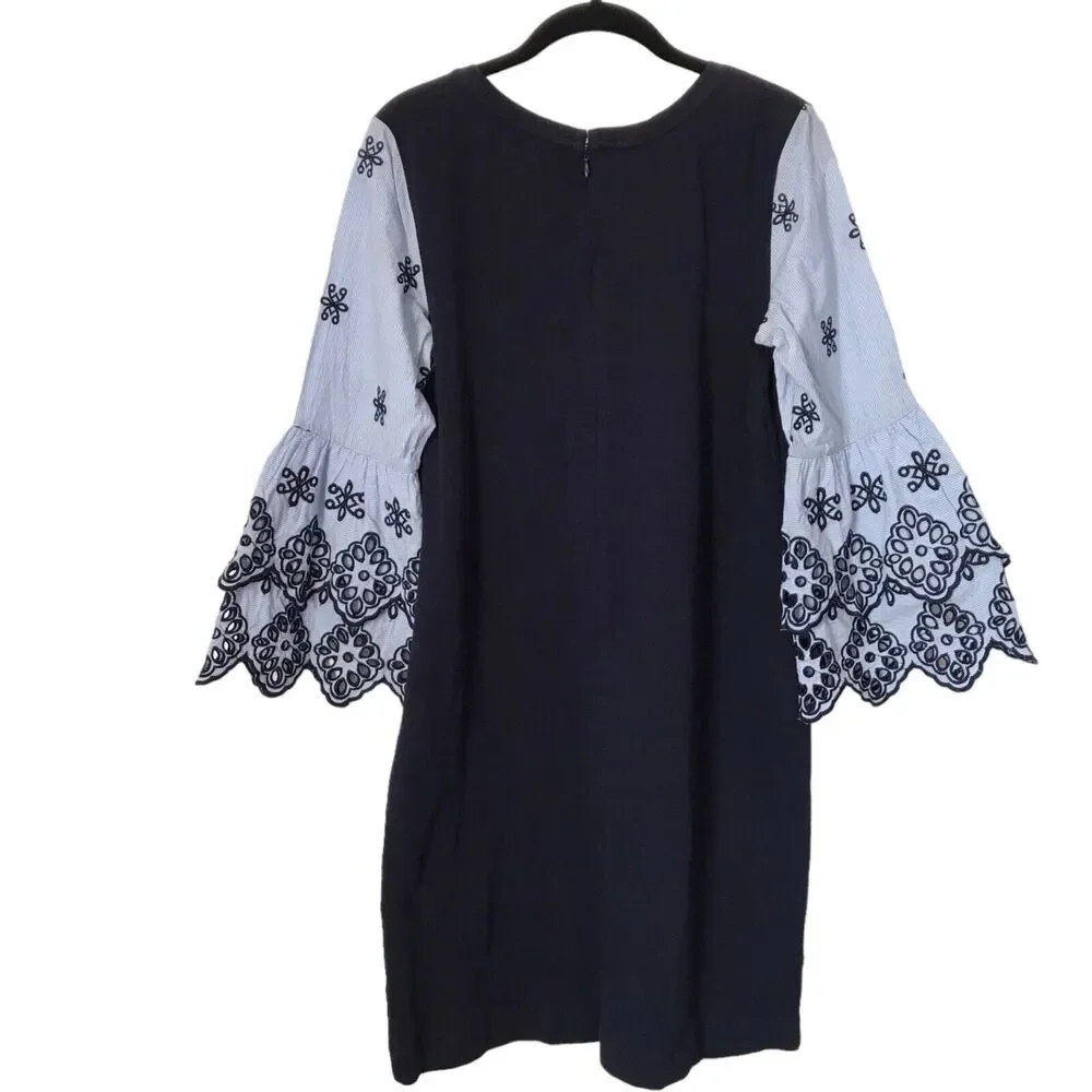 Loft Dress Womens Size S Navy Blue Embroidered Eyelet 3/4 Bell Sleeve Shift Boho